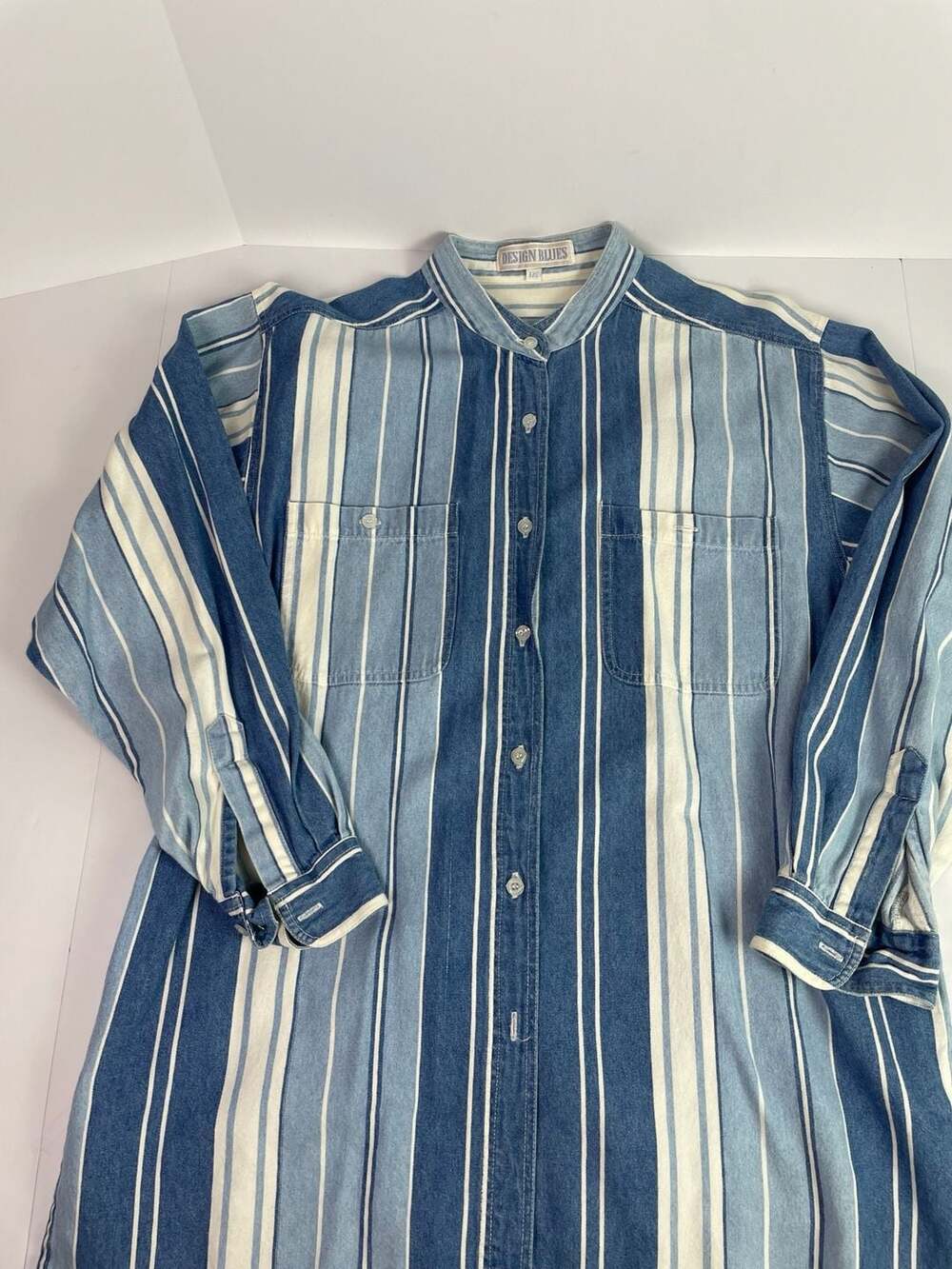 Design Blues Striped Denim Mandarin Collar Button Down Shirt Size F/S